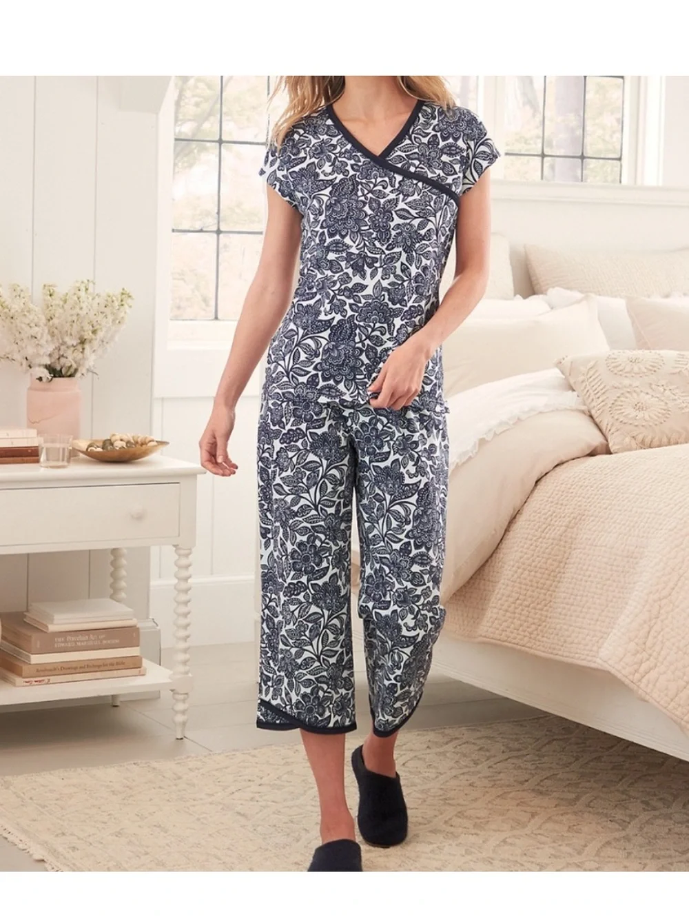 Garnet Hill Asian Wrap Short Sleeve Cropped Organic Cotton Pajamas Set S